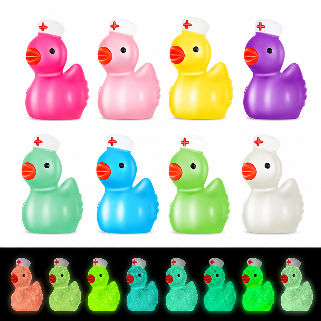 Set of 8, Glow-in-the-Dark Nurse Themed Mini Resin Ducks, Magnetic or Non-Magnetic, Optional Personalized Duck Hiding Tags
