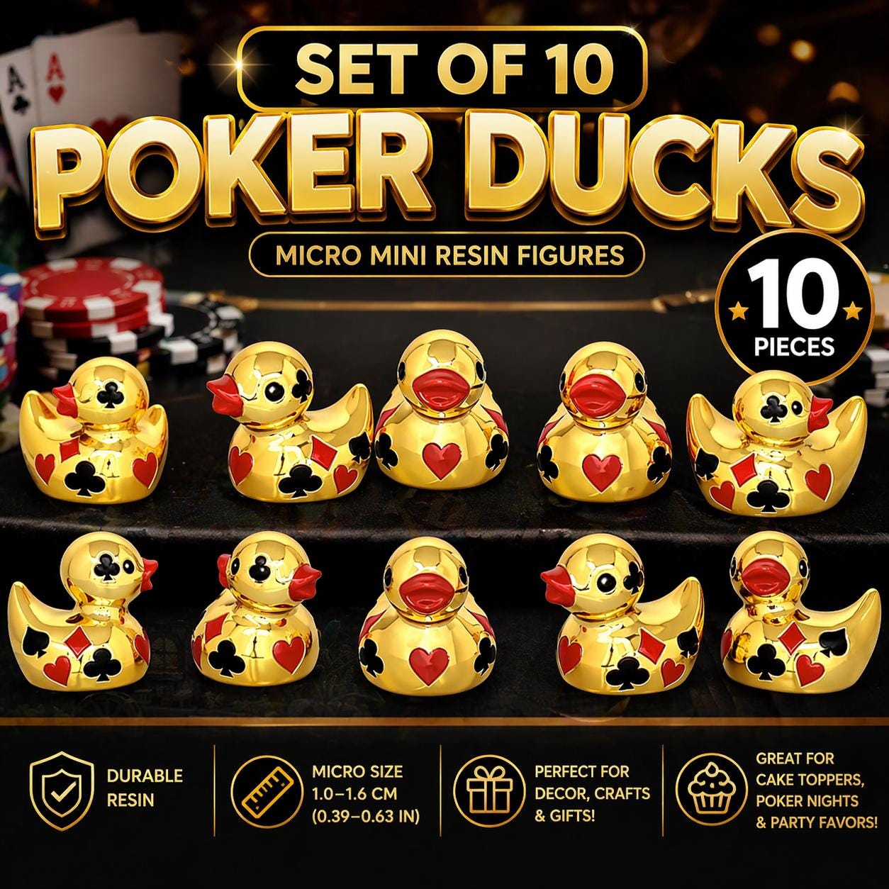 Set of 10 Gold Poker Ducks | Card Suit Resin Miniatures (Casino Party Favors)