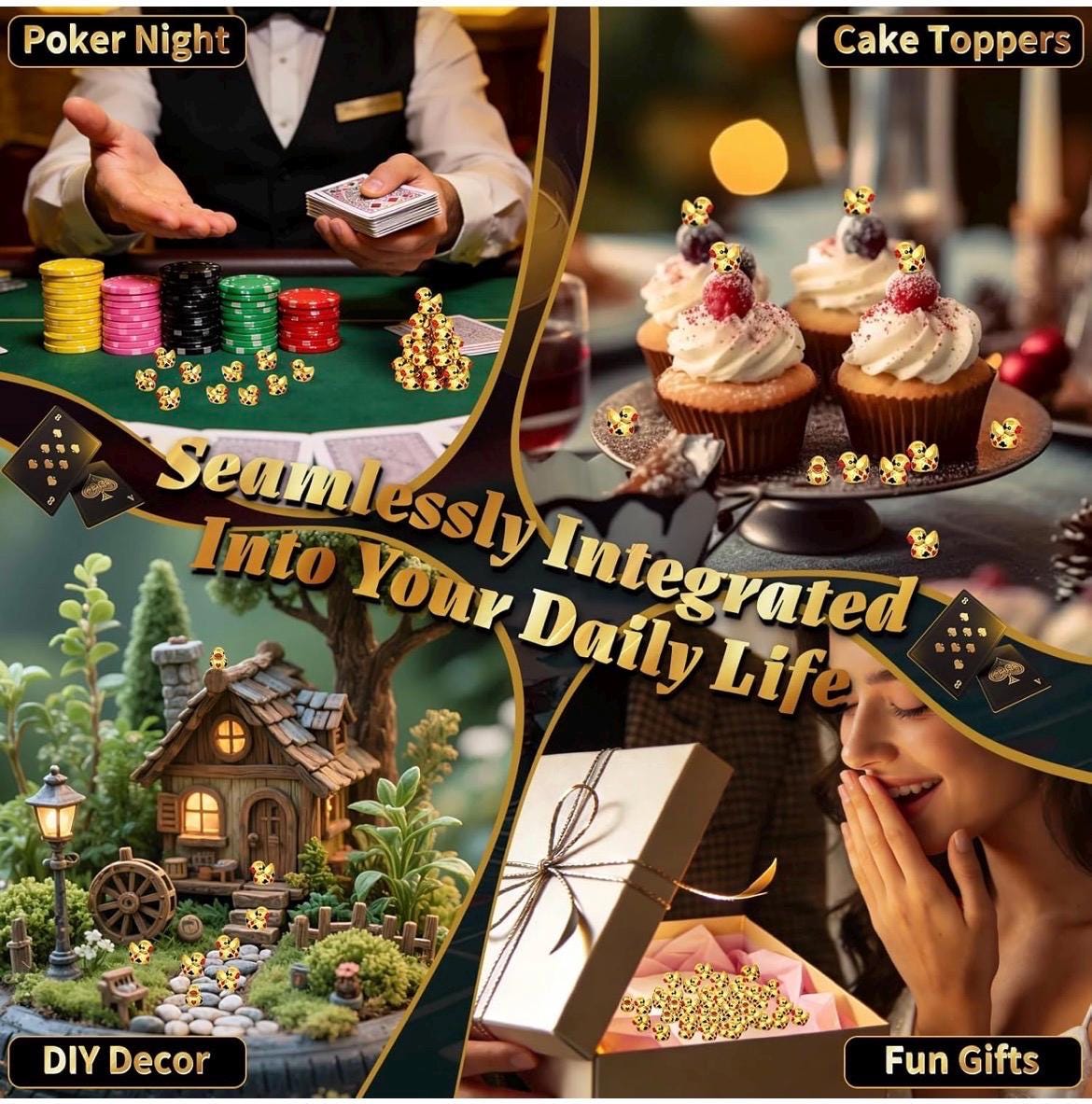 Set of 10 Gold Poker Ducks | Card Suit Resin Miniatures (Casino Party Favors)