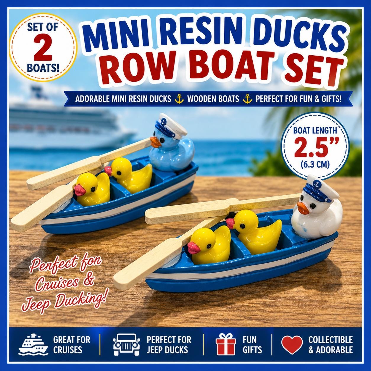 Handmade Mini Duck Boat – Resin Duck Family in Wooden Row Boat