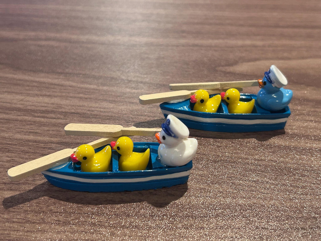 Handmade Mini Duck Boat – Resin Duck Family in Wooden Row Boat