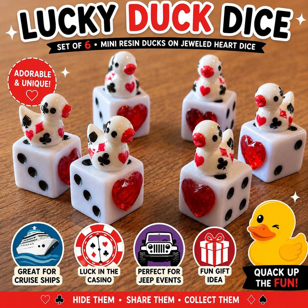 Lucky Duck Dice Set of 6 – Poker Themed Mini Resin Ducks on Jeweled Heart Dice, Cruise Ducks, Jeep Ducks, Casino Luck Gifts