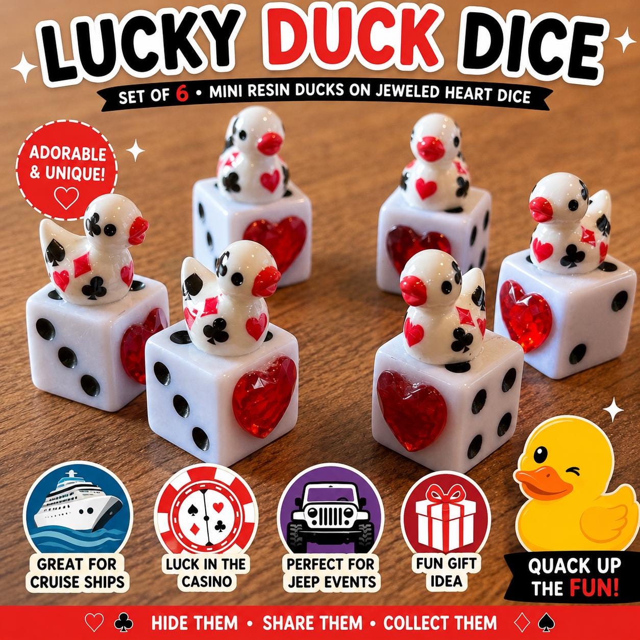 Lucky Duck Dice Set of 6 – Poker Themed Mini Resin Ducks on Jeweled Heart Dice, Cruise Ducks, Jeep Ducks, Casino Luck Gifts