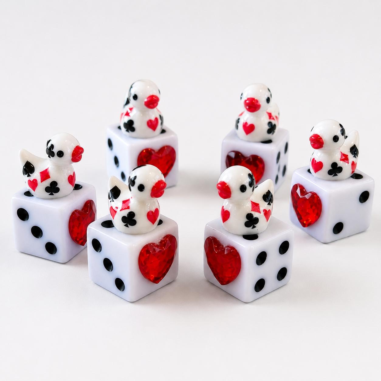 Lucky Duck Dice Set of 6 – Poker Themed Mini Resin Ducks on Jeweled Heart Dice, Cruise Ducks, Jeep Ducks, Casino Luck Gifts