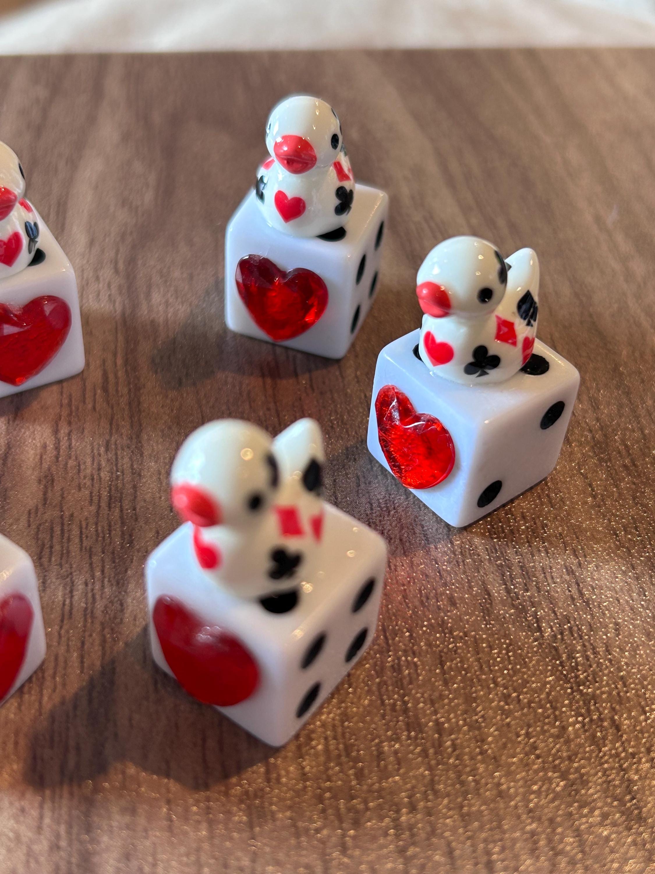 Lucky Duck Dice Set of 6 – Poker Themed Mini Resin Ducks on Jeweled Heart Dice, Cruise Ducks, Jeep Ducks, Casino Luck Gifts