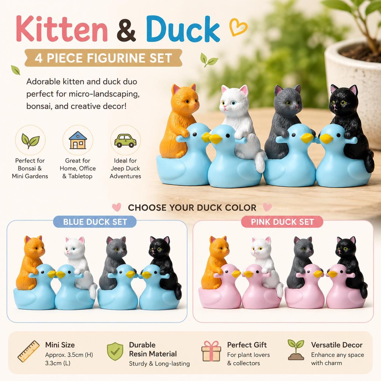 Mini Resin Ducks with Cats Set of 4 | Kitten Riding Duck Figurines | Bonsai Decor | Cruise Ducks | Jeep Duck Hiding Gift