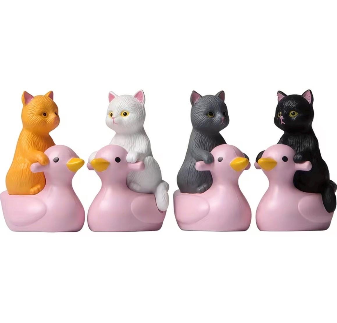 Mini Resin Ducks with Cats Set of 4 | Kitten Riding Duck Figurines | Bonsai Decor | Cruise Ducks | Jeep Duck Hiding Gift