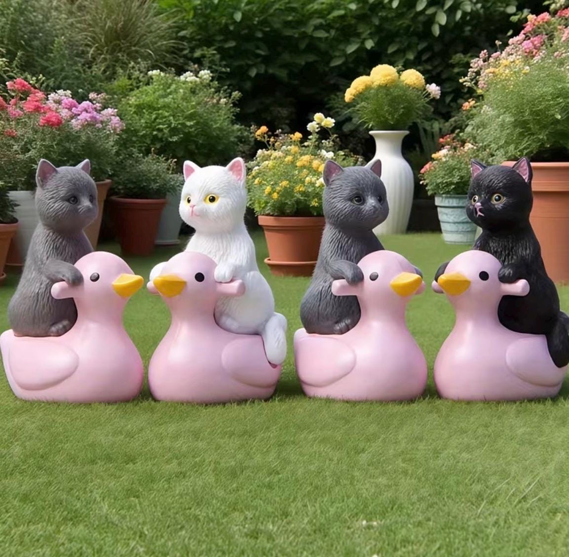 Mini Resin Ducks with Cats Set of 4 | Kitten Riding Duck Figurines | Bonsai Decor | Cruise Ducks | Jeep Duck Hiding Gift