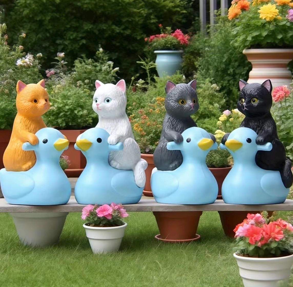 Mini Resin Ducks with Cats Set of 4 | Kitten Riding Duck Figurines | Bonsai Decor | Cruise Ducks | Jeep Duck Hiding Gift