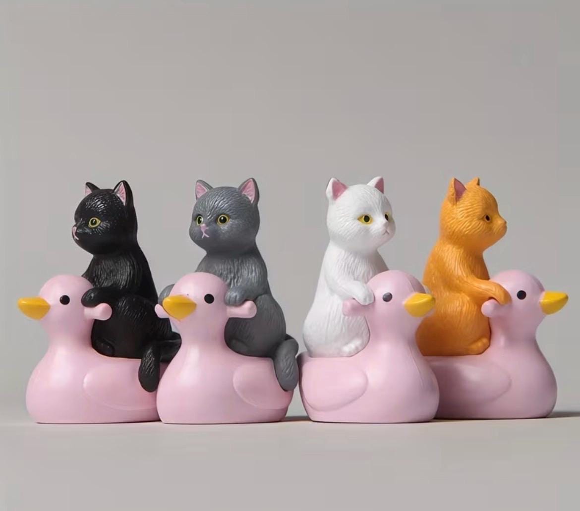 Mini Resin Ducks with Cats Set of 4 | Kitten Riding Duck Figurines | Bonsai Decor | Cruise Ducks | Jeep Duck Hiding Gift