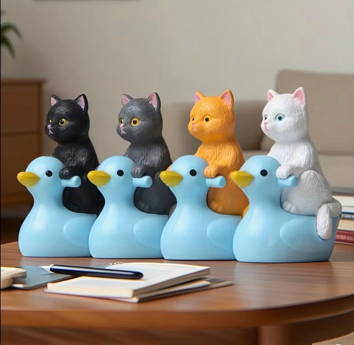 Mini Resin Ducks with Cats Set of 4 | Kitten Riding Duck Figurines | Bonsai Decor | Cruise Ducks | Jeep Duck Hiding Gift