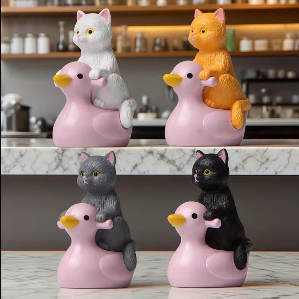 Mini Resin Ducks with Cats Set of 4 | Kitten Riding Duck Figurines | Bonsai Decor | Cruise Ducks | Jeep Duck Hiding Gift
