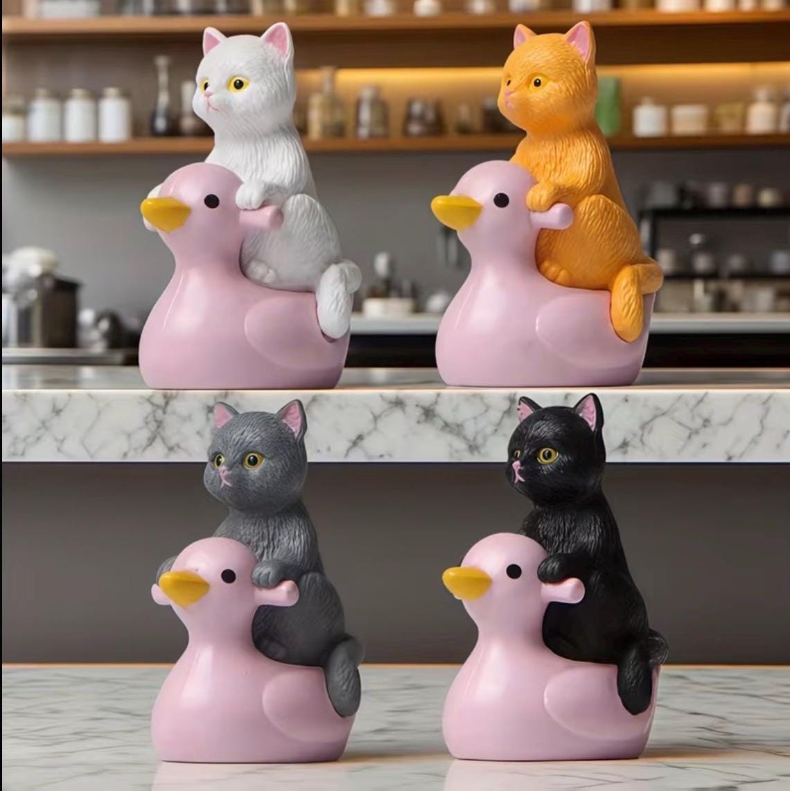 Mini Resin Ducks with Cats Set of 4 | Kitten Riding Duck Figurines | Bonsai Decor | Cruise Ducks | Jeep Duck Hiding Gift