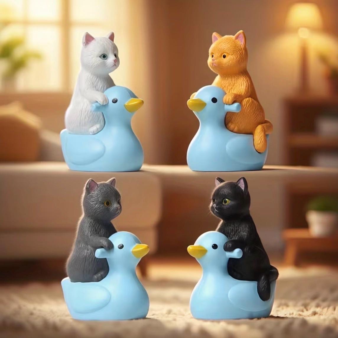 Mini Resin Ducks with Cats Set of 4 | Kitten Riding Duck Figurines | Bonsai Decor | Cruise Ducks | Jeep Duck Hiding Gift