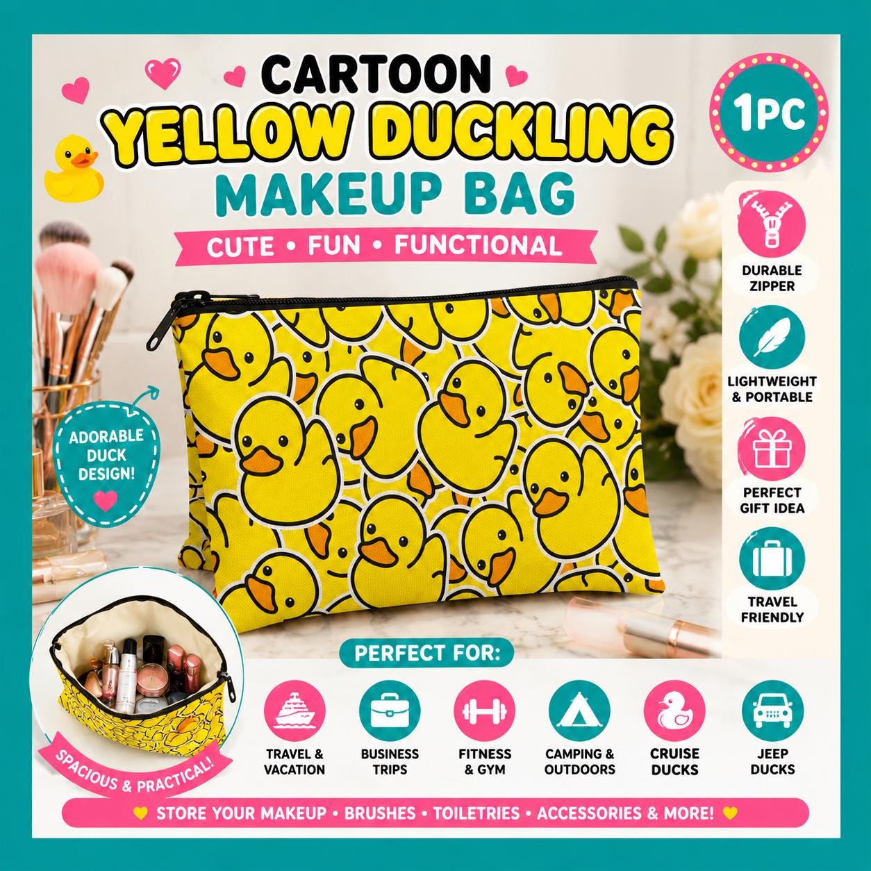 Cartoon Yellow Duck Makeup Bag Cute Travel Toiletry Cosmetic Bag Cruise Duck Jeep Duck Accessory Pouch