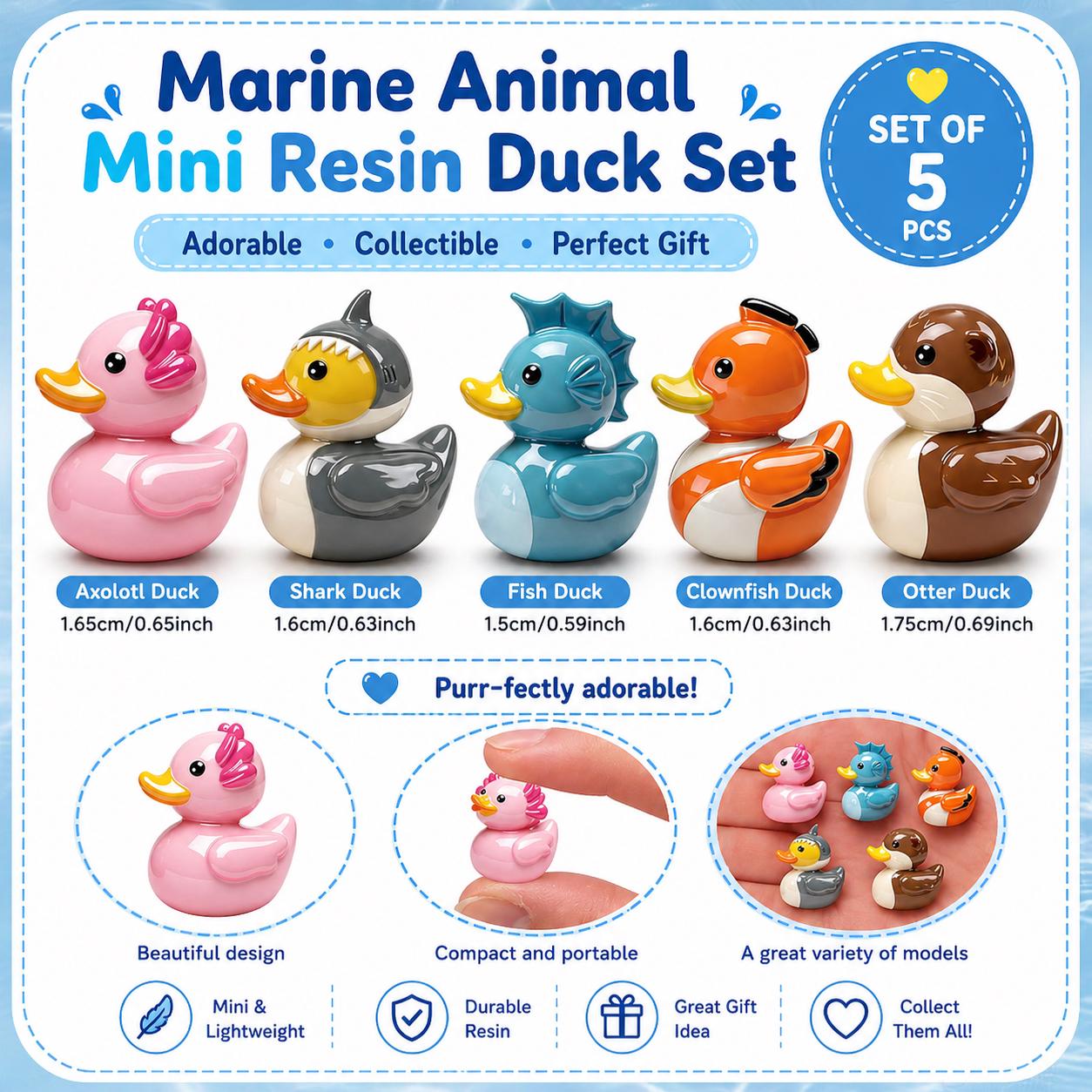 Mini resin ducks - set of 5 marine animal mini resin ducks, shark, fish, otter, axolotl, clownfish