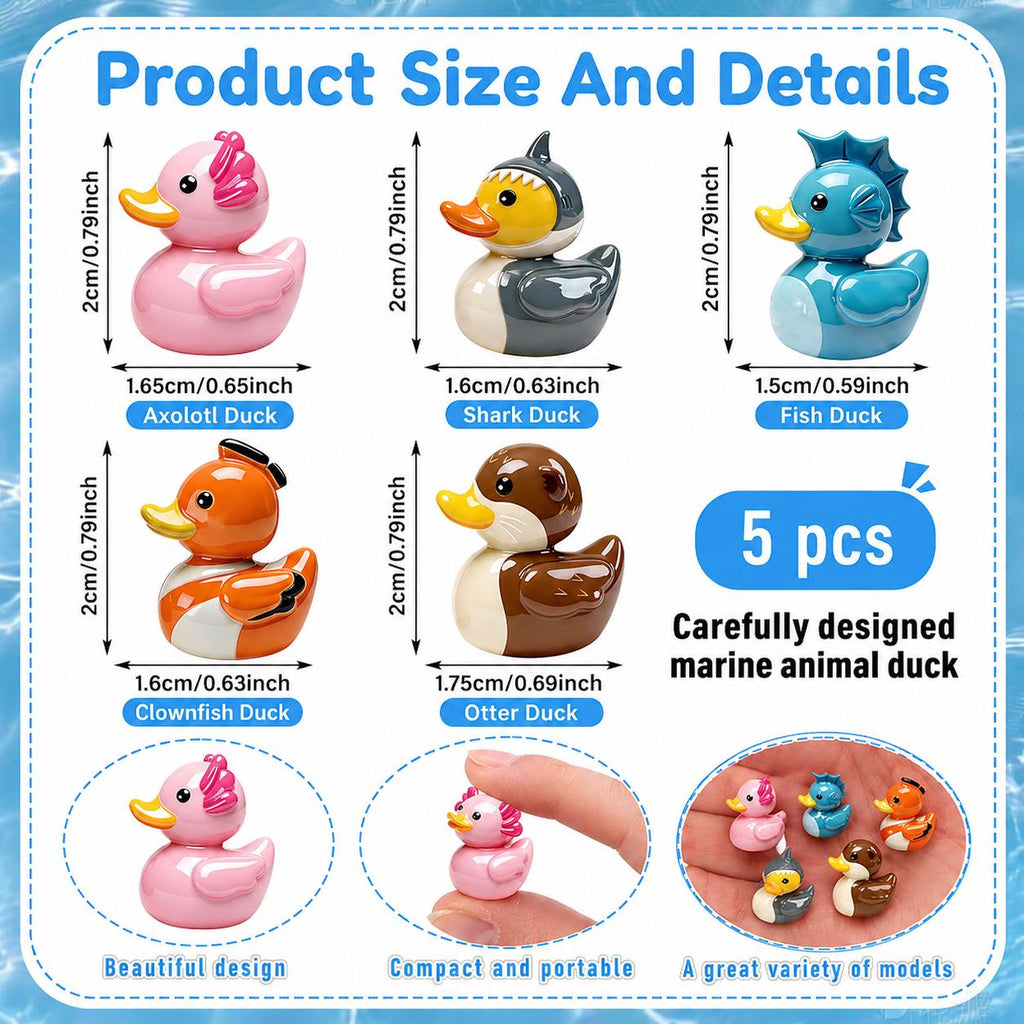 Mini resin ducks - set of 5 marine animal mini resin ducks, shark, fish, otter, axolotl, clownfish