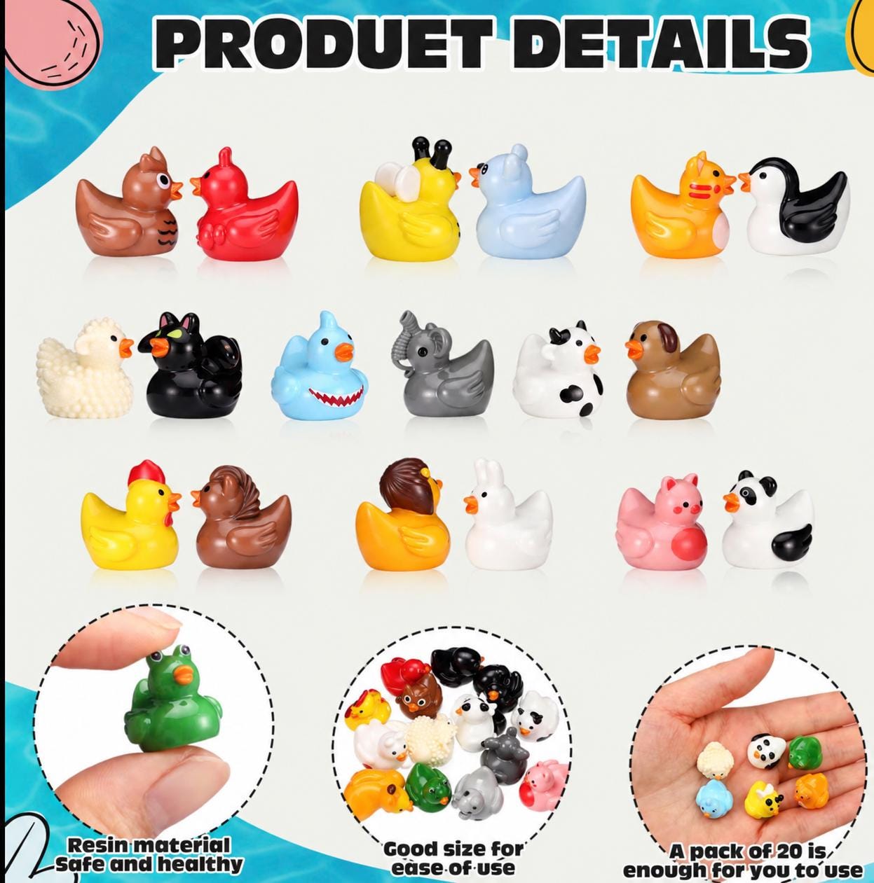 Mini Resin Ducks COMPLETE SET Animal Theme Set of 20 Tiny Collectible Ducks for Crafts Cruise Ducks Jeep Ducks