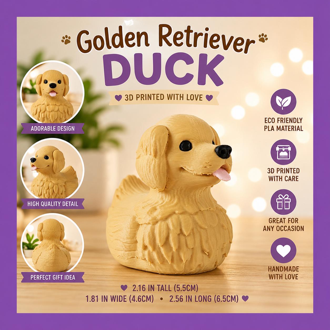 3-D Printed Golden Retriever Duck Figurine – Cute Puppy Duck Desk Decor for Jeep Ducks, Cruise Ducks & Dog Lovers