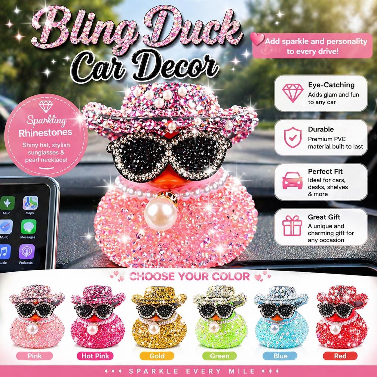 Bling Rhinestone Duck Car Decor: Sparkling Hat, Sunglasses, Pearl Necklace (Choose Color)