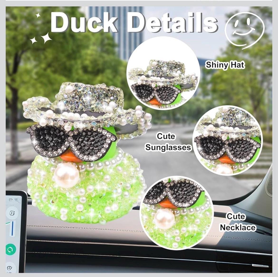 Bling Rhinestone Duck Car Decor: Sparkling Hat, Sunglasses, Pearl Necklace (Choose Color)
