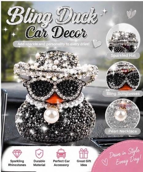 Bling Rhinestone Duck Car Decor: Sparkling Hat, Sunglasses, Pearl Necklace (Choose Color)