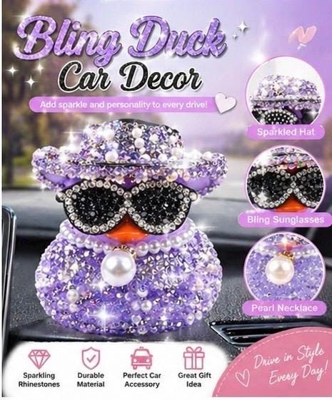 Bling Rhinestone Duck Car Decor: Sparkling Hat, Sunglasses, Pearl Necklace (Choose Color)