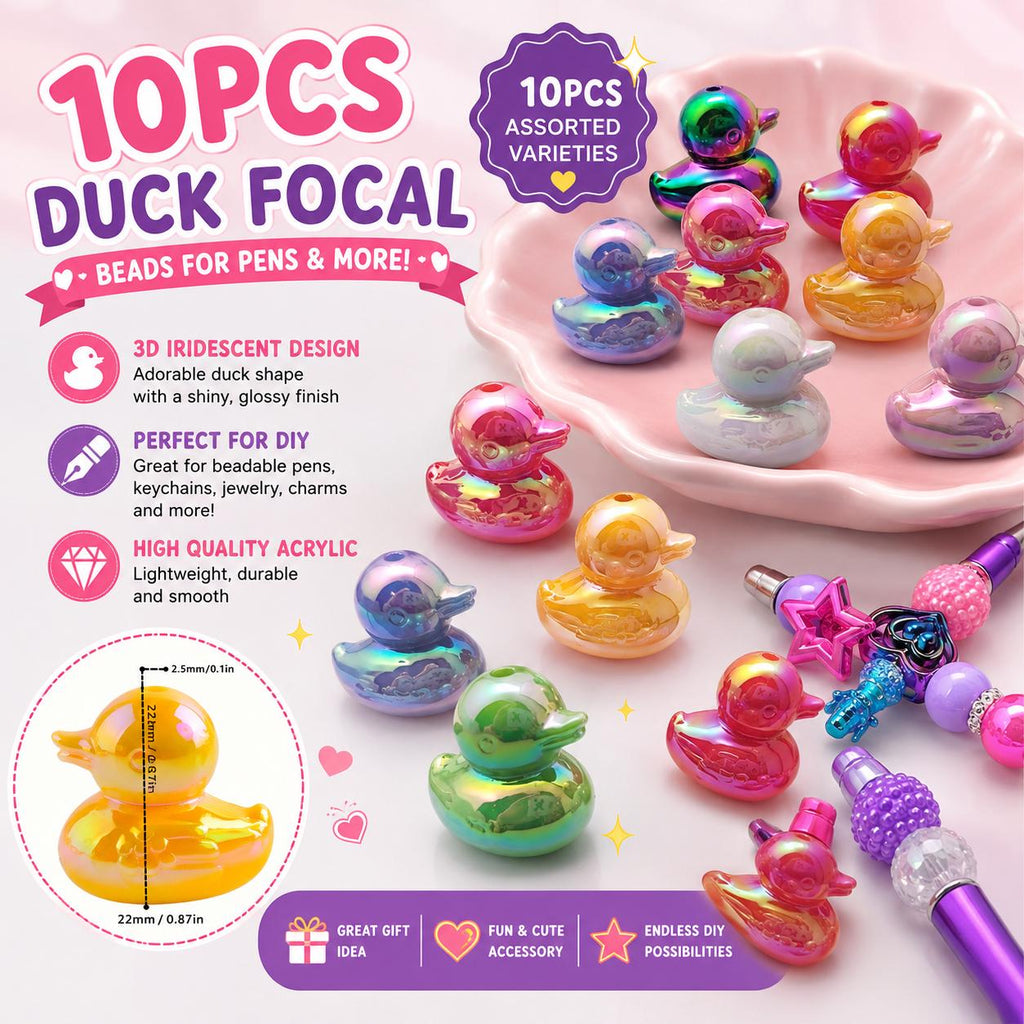 10pcs Forcal Beads for Pens, Acrylic 3D Duck Focals Beads Bulk for Beadable Pens Keychain Making Jewelry Supplies for Teacher Charms Assorte