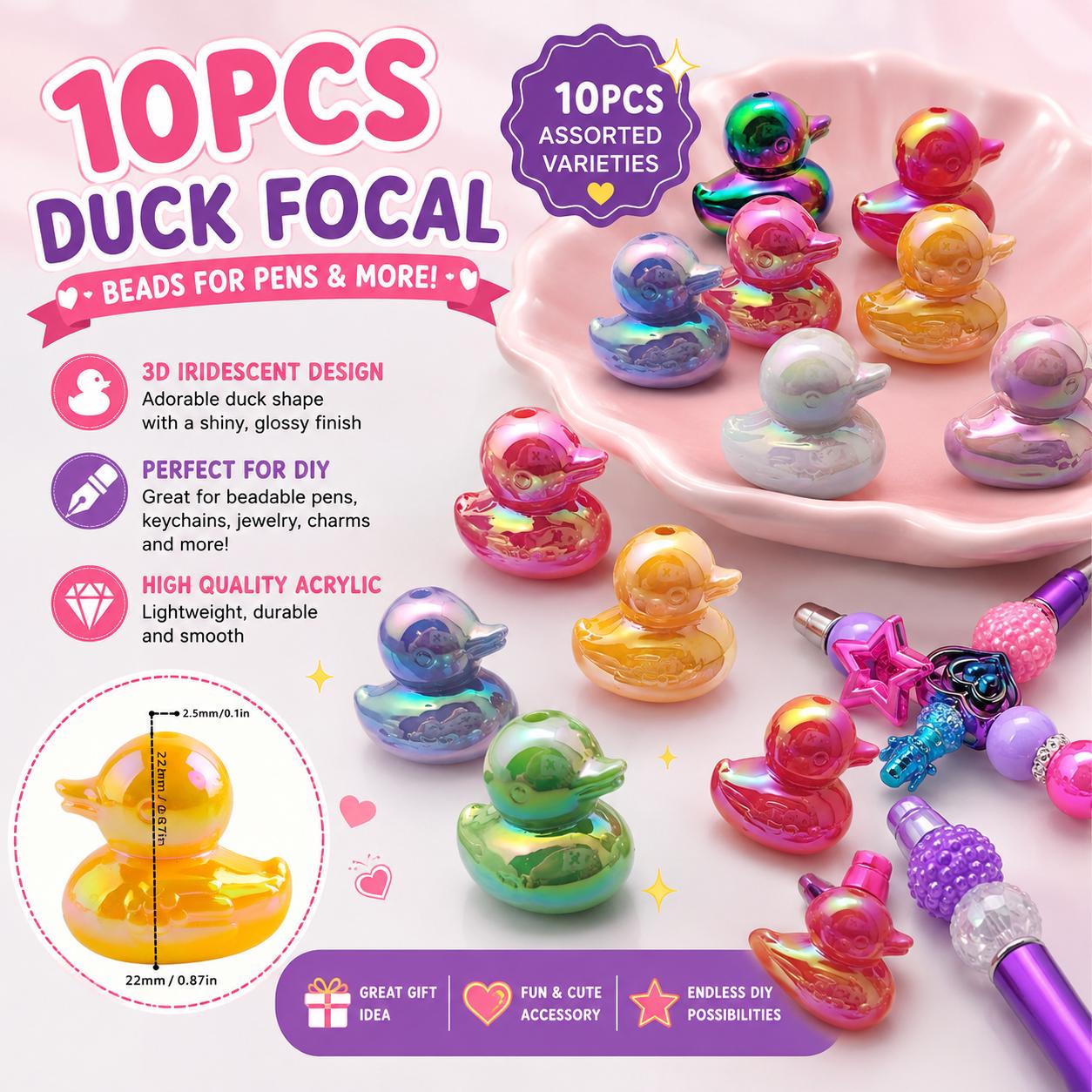 10pcs Forcal Beads for Pens, Acrylic 3D Duck Focals Beads Bulk for Beadable Pens Keychain Making Jewelry Supplies for Teacher Charms Assorte