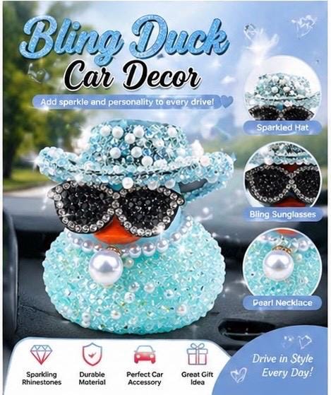 Bling Rhinestone Duck Car Decor: Sparkling Hat, Sunglasses, Pearl Necklace (Choose Color)