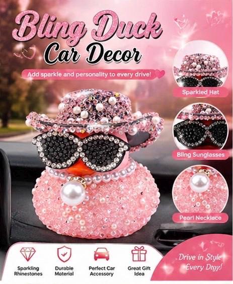 Bling Rhinestone Duck Car Decor: Sparkling Hat, Sunglasses, Pearl Necklace (Choose Color)