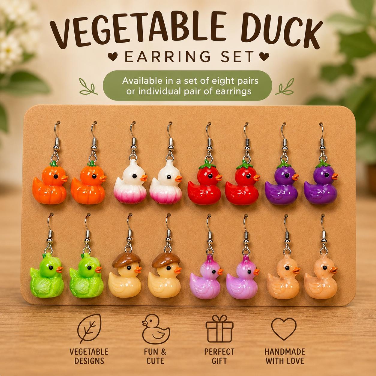 Vegetable Duck Earrings Set – 8 Pairs of Cute-Veggie Duck Earrings, Pumpkin, Tomato, Mushroom, Onion, Lettuce, Eggplant, Radish & Turnips