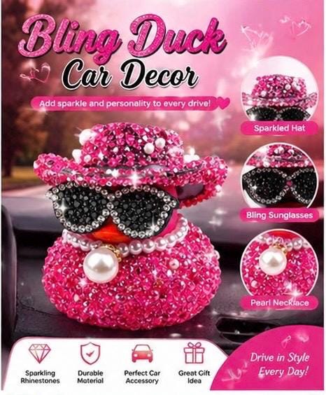 Bling Rhinestone Duck Car Decor: Sparkling Hat, Sunglasses, Pearl Necklace (Choose Color)
