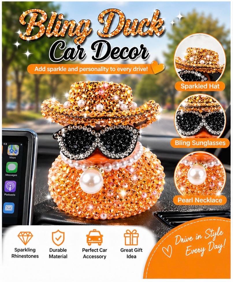 Bling Rhinestone Duck Car Decor: Sparkling Hat, Sunglasses, Pearl Necklace (Choose Color)