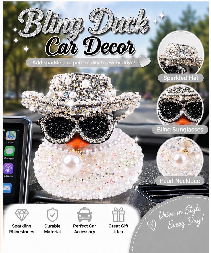Bling Rhinestone Duck Car Decor: Sparkling Hat, Sunglasses, Pearl Necklace (Choose Color)