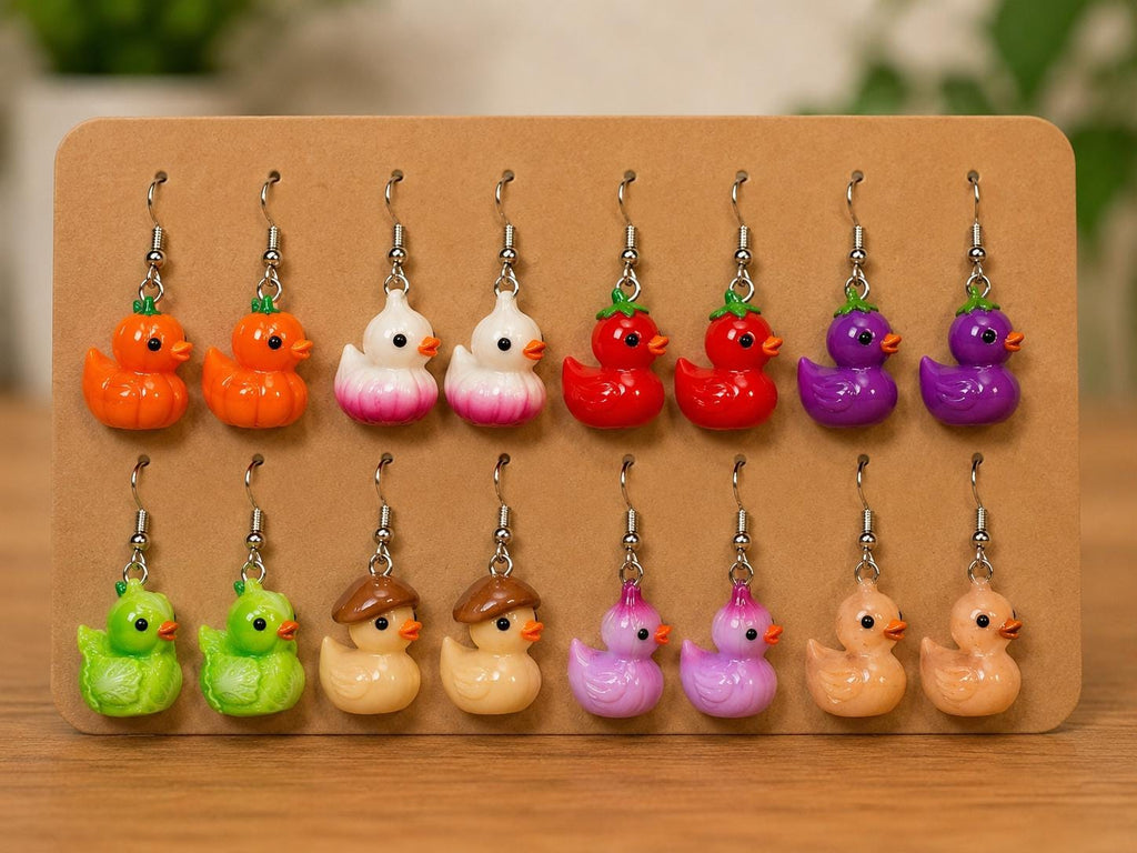 Vegetable Duck Earrings Set – 8 Pairs of Cute-Veggie Duck Earrings, Pumpkin, Tomato, Mushroom, Onion, Lettuce, Eggplant, Radish & Turnips