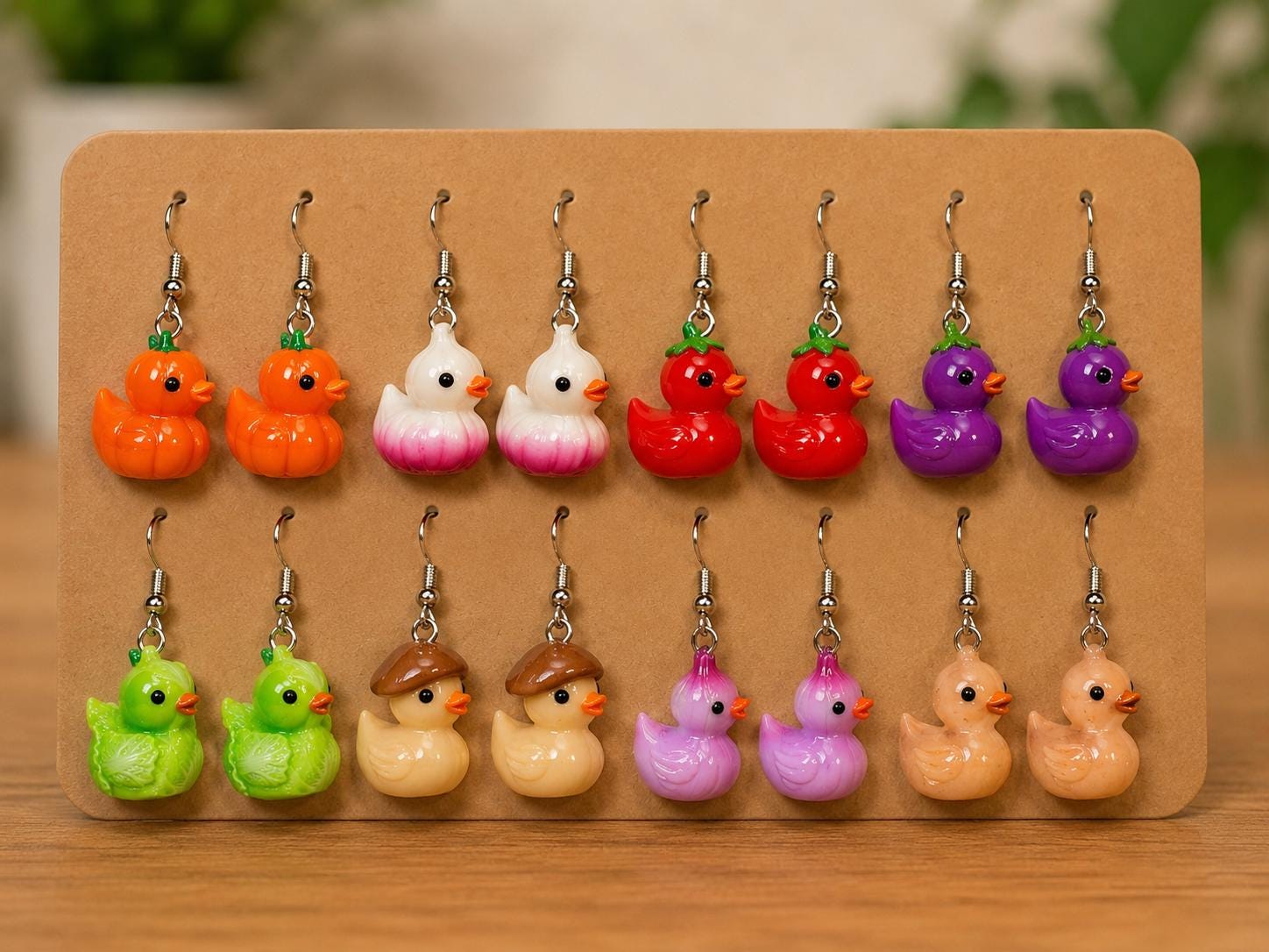 Vegetable Duck Earrings Set – 8 Pairs of Cute-Veggie Duck Earrings, Pumpkin, Tomato, Mushroom, Onion, Lettuce, Eggplant, Radish & Turnips