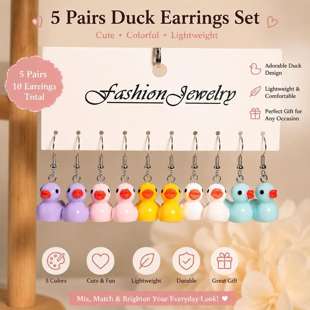 Duck Earrings 5 Pair Set – Kawaii Rubber Duck Dangle Earrings, Cute Quirky Jewelry for Jeep Ducks & Cruise Lovers