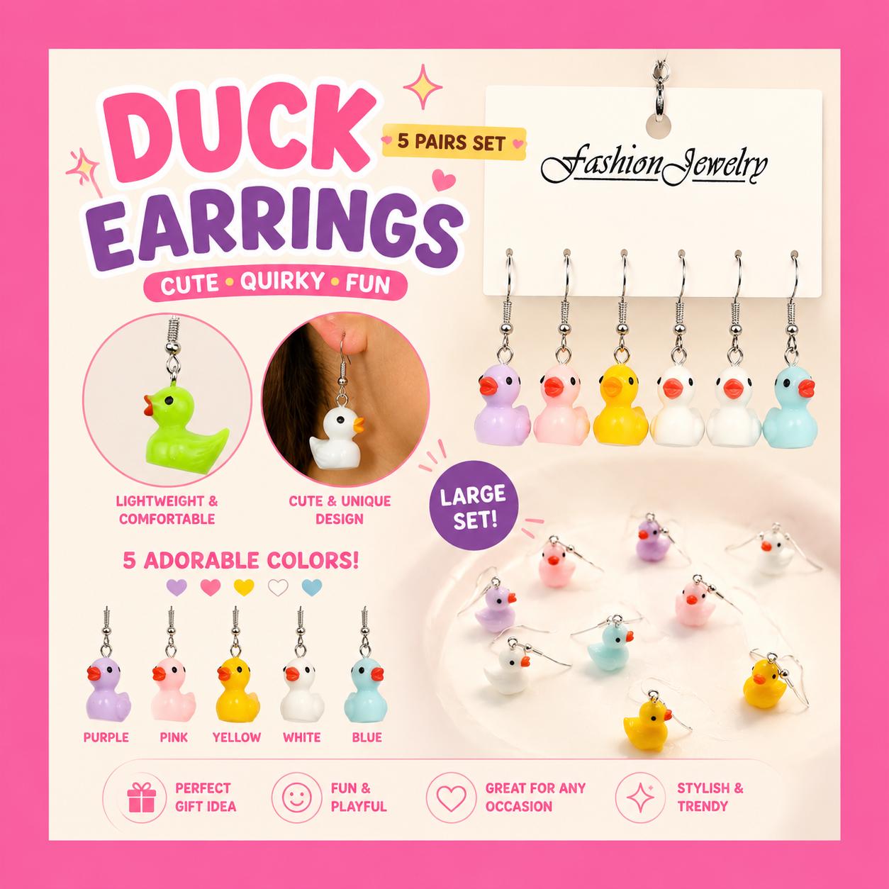 Duck Earrings 5 Pair Set – Kawaii Rubber Duck Dangle Earrings, Cute Quirky Jewelry for Jeep Ducks & Cruise Lovers