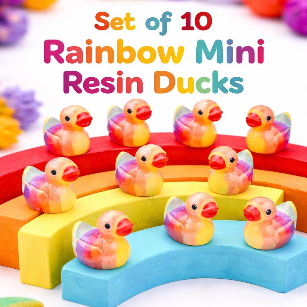 Mini Resin Ducks - Set of 10 Rainbow Mini Resin Ducks, Tiny Figurines, Fairy Garden Decor Pride Ducks