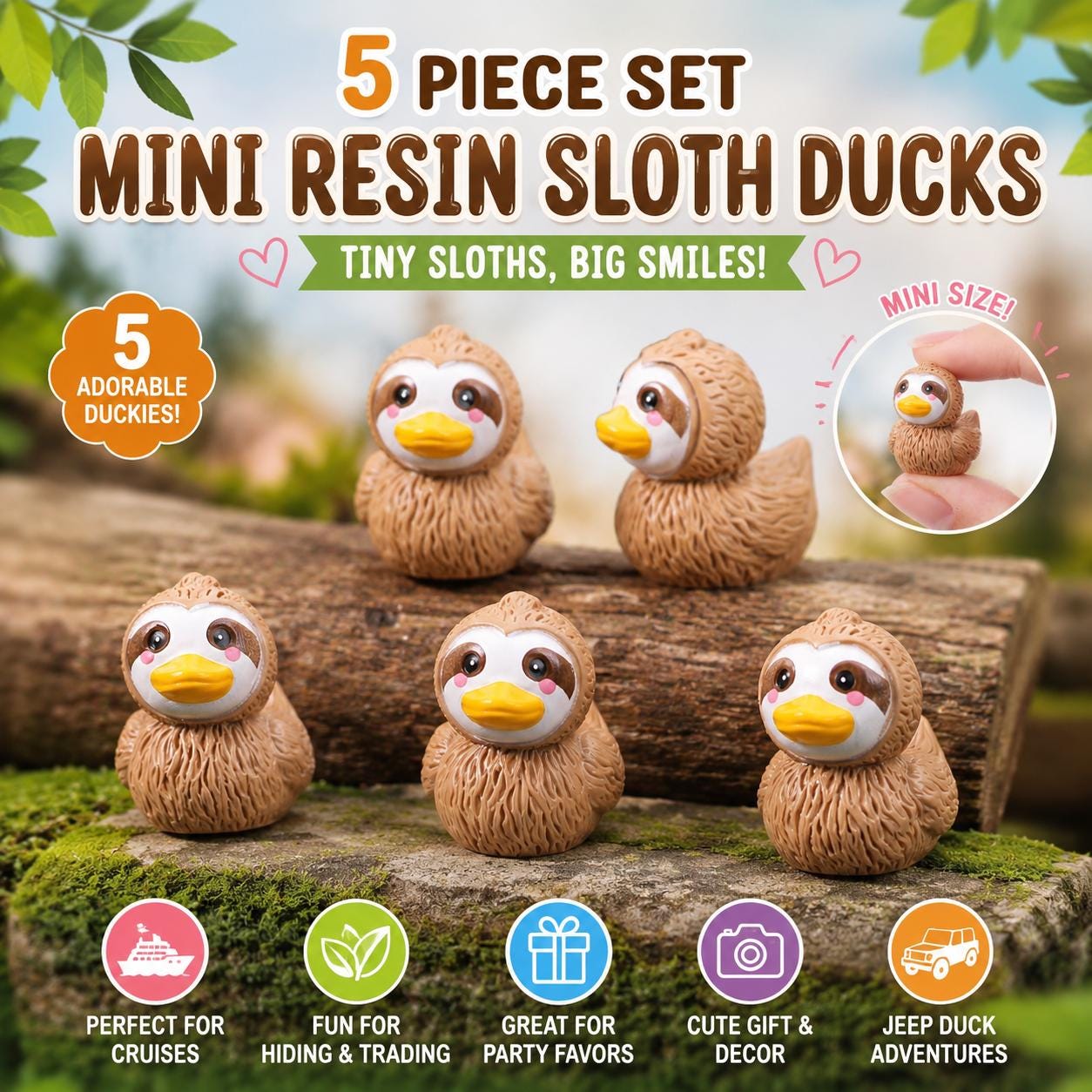 Mini resin sloth ducks – 5 piece set tiny sloth duck figurines, cute brown sloth duckies for hiding, cruise ducks, jeep ducks, party favors