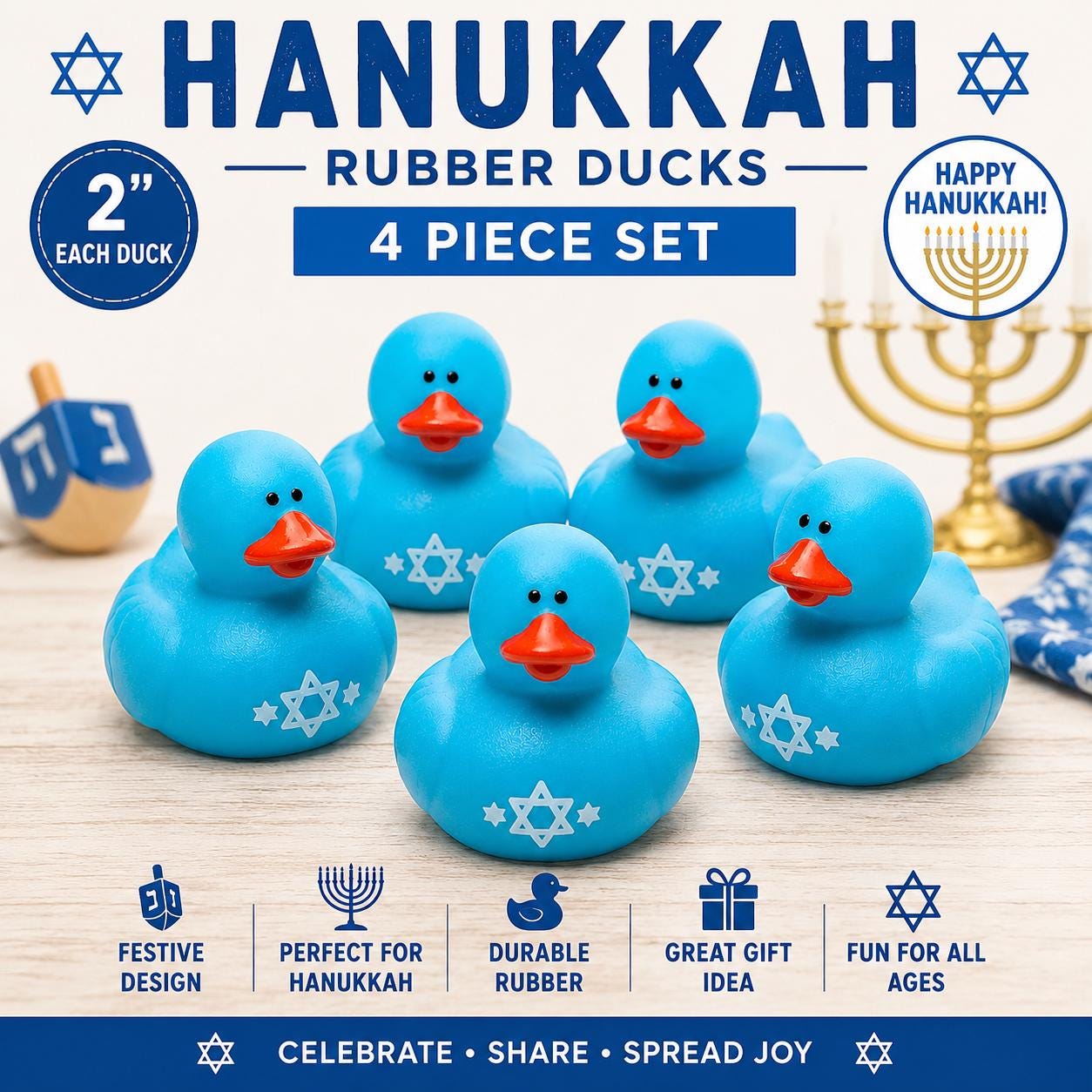 2 INCH - Hanukkah Rubber Ducks – Set of 4 Blue 2 Inch Rubber Duckies with Star of David, Jewish Holiday Party Favors, Bath Toys, Cruise Duck