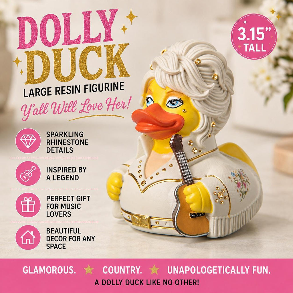 Large Resin-Handpainted Dolly Duck Figurine – Rhinestone White Jumpsuit Duck Collectible, Country Music Inspired Duck Decor, Cruise Jeep