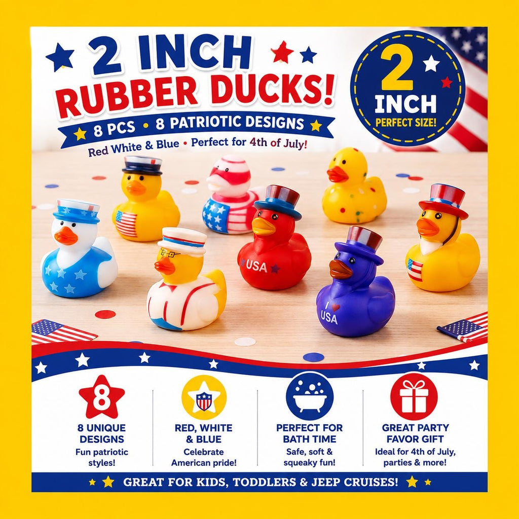 2 INCH - 8 Pc Patriotic Rubber Ducks 2 Inch 4th of July Duck Set Red White Blue Jeep Ducks Cruise Ducks Party Favor Bath Toys