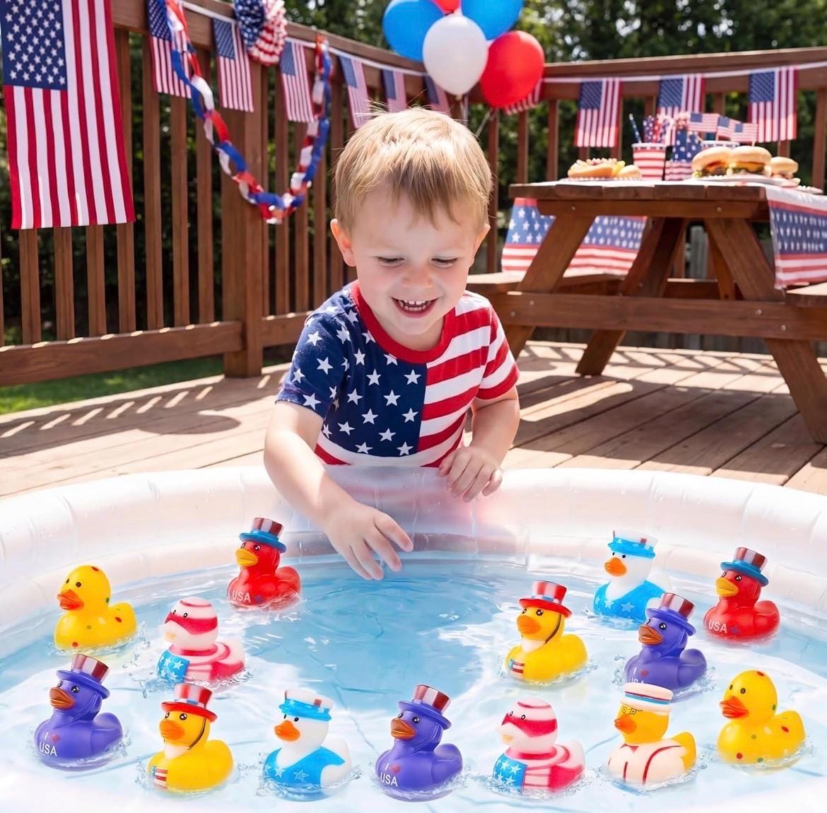 2 INCH - 8 Pc Patriotic Rubber Ducks 2 Inch 4th of July Duck Set Red White Blue Jeep Ducks Cruise Ducks Party Favor Bath Toys