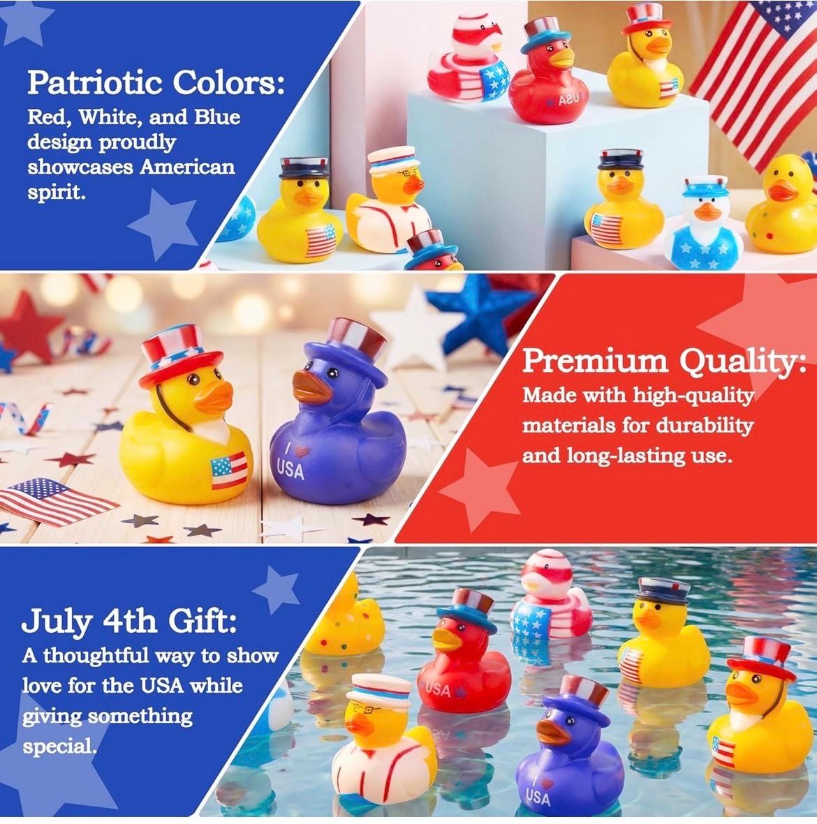 2 INCH - 8 Pc Patriotic Rubber Ducks 2 Inch 4th of July Duck Set Red White Blue Jeep Ducks Cruise Ducks Party Favor Bath Toys