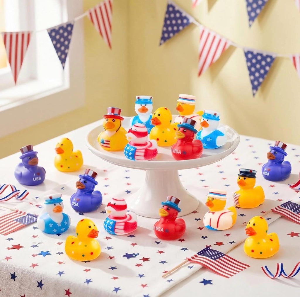 2 INCH - 8 Pc Patriotic Rubber Ducks 2 Inch 4th of July Duck Set Red White Blue Jeep Ducks Cruise Ducks Party Favor Bath Toys