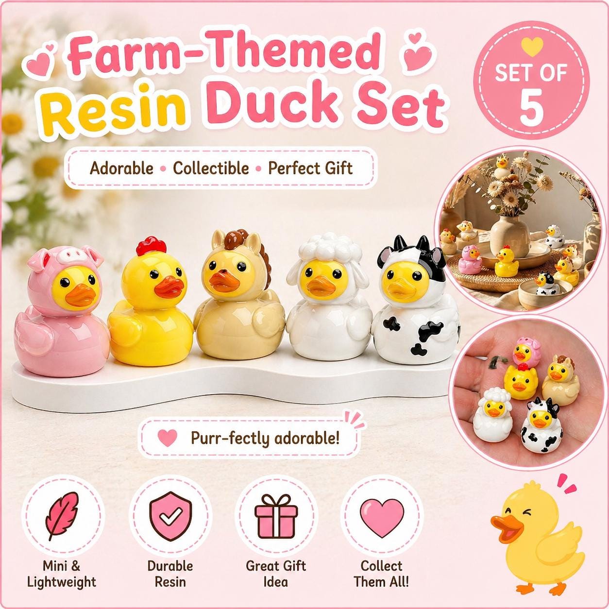 Mini resin ducks - set of 5 farm animal resin ducks, mini collectible figurines, jeep cruise fun