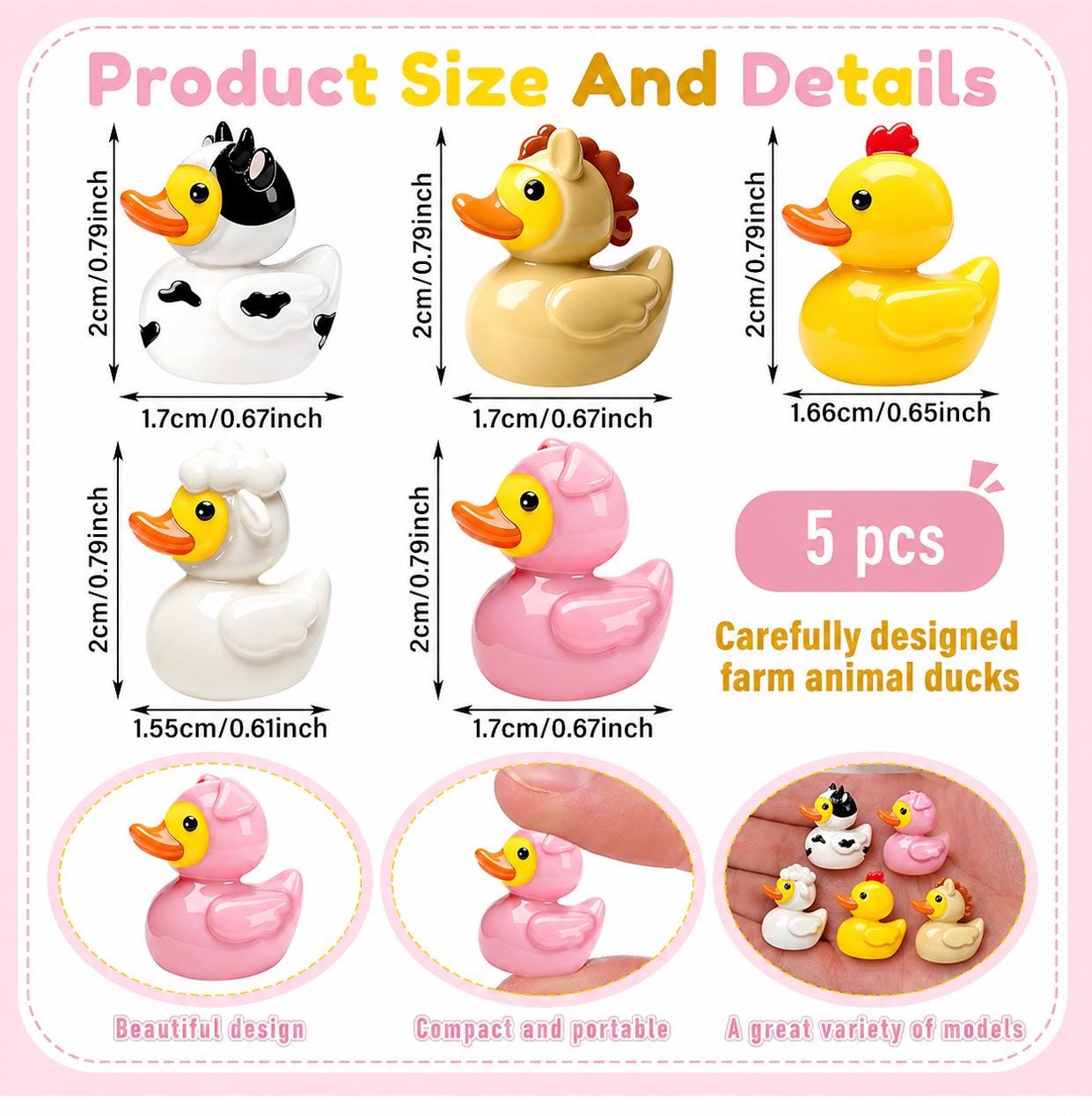 Mini resin ducks - set of 5 farm animal resin ducks, mini collectible figurines, jeep cruise fun