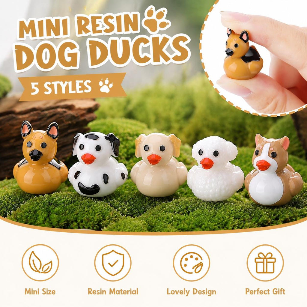 Mini Resin Dog Ducks – 5 Piece Set of Tiny Dog Duck Figurines, Mini Animal Ducks for Cruise Duck Hiding, Fairy Gardens, Cake Toppers, DIY